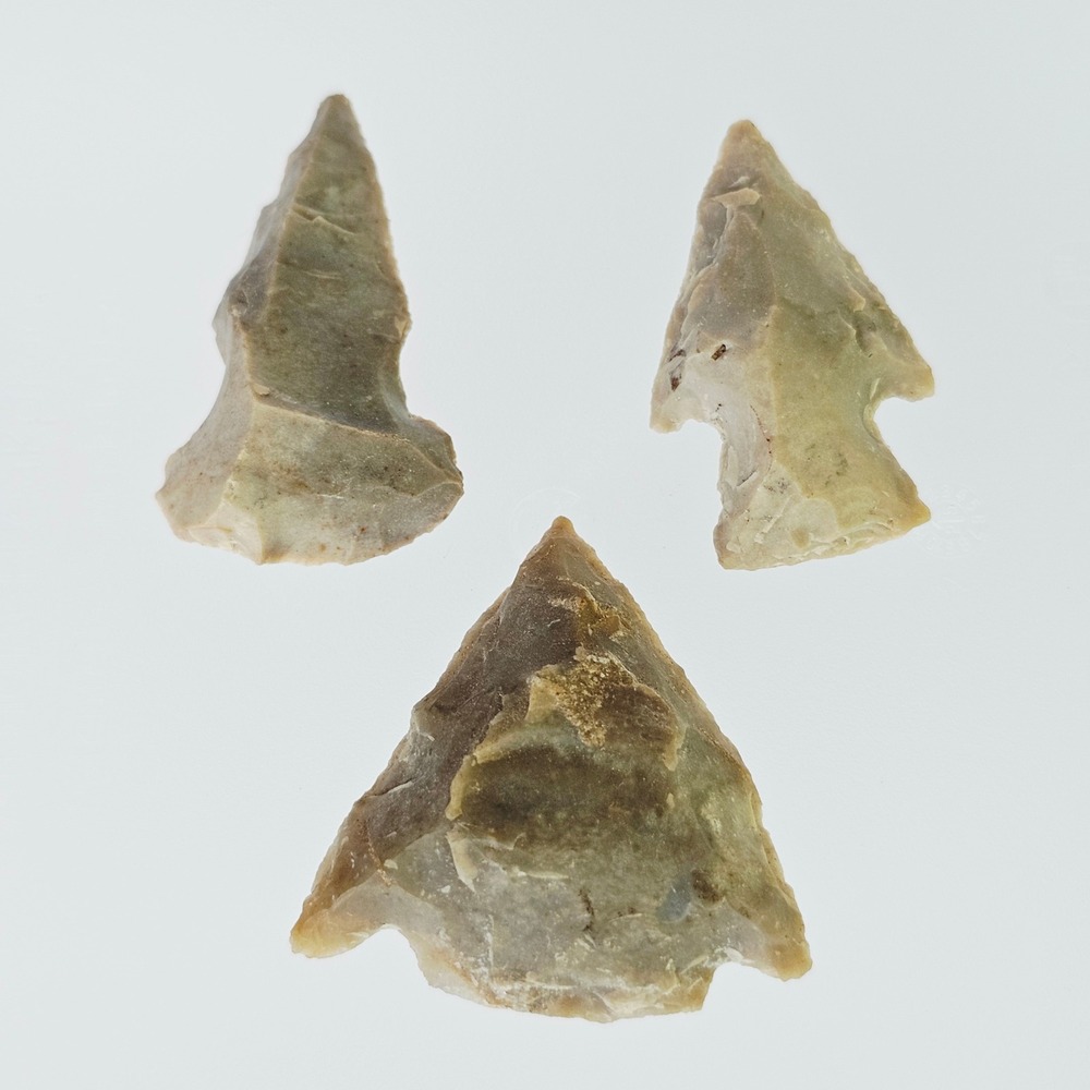 Ancient Stone Arrowhead Set 3pc Hand Knapped Chert Flint Projectile Points Relic